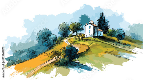 Rural Landscape Painting with Farm and House Vector Illustration