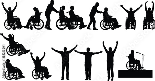 Empowering silhouettes of people in wheelchairs with caregivers and speakers, expressing freedom, inclusion, motivation, disability support, independence, community strength, inspiration
