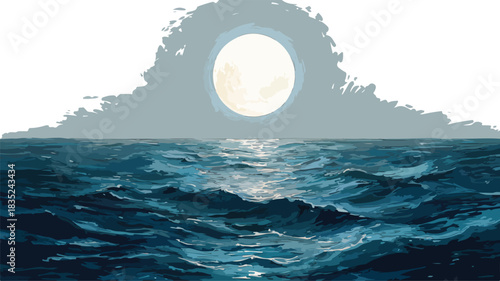 Serene Sea Painting with Full Moon Vector Illustration