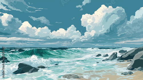 Serene Ocean Painting with Clouds in Background
