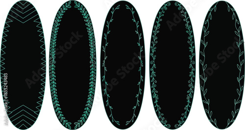 Frames Set in Oval Shapes with Geometric and Floral Turquoise Borders on Transparent