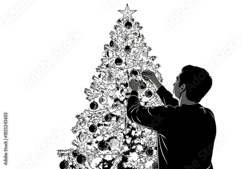 Man in silhouette carefully hanging ornaments on a festive Christmas tree.