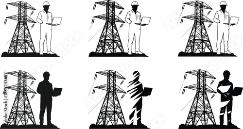 Engineer with laptop near transmission tower, black and white vector, silhouette inspection, electric grid monitoring, infrastructure safety, technical art