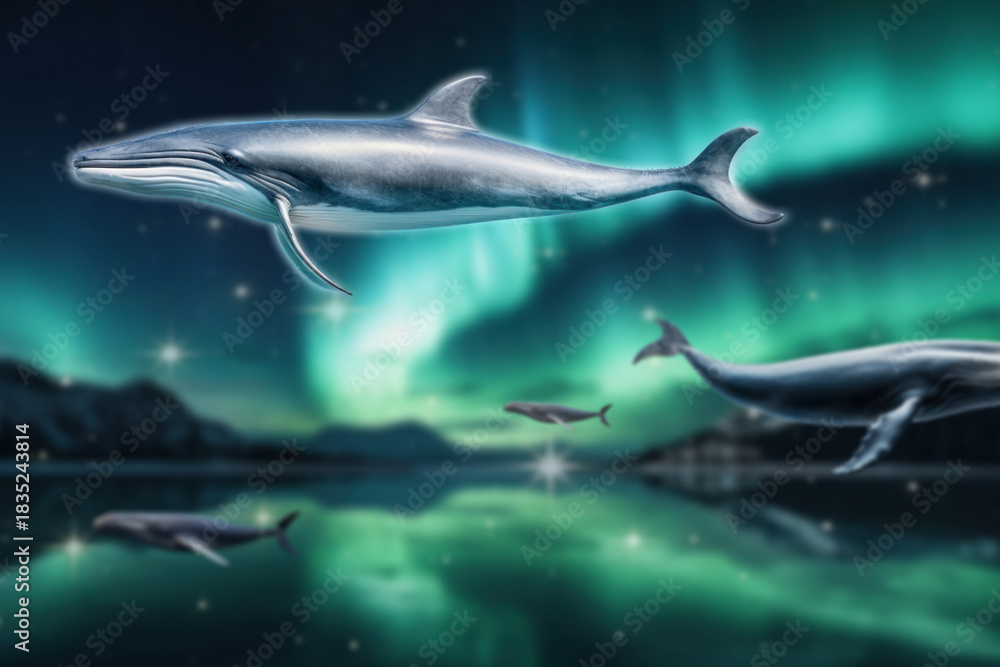Naklejka premium Flying whale northern light surreal remix