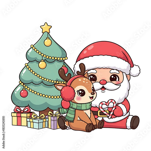 A cute cartoon illustration of Santa Claus and a baby reindeer sitting next to a decorated Christmas tree and presents.