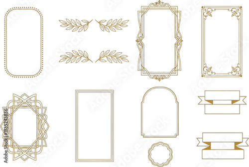 Golden Frames and Borders with Laurel Branches on Transparent Background Set
