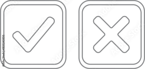Gray Checkmark and Cross Mark Symbols in Square Outline on Transparent Background