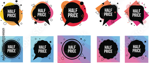 Half Price Sale Tag Vector Set with Abstract Geometric Shapes, Speech Bubbles, and Modern Gradient Design for Discount Promotion Banners.