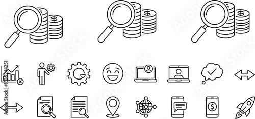 Financial Analysis, Investment Research, Business Optimization, and Technology Outline Icon Set for Web and Mobile Concepts.