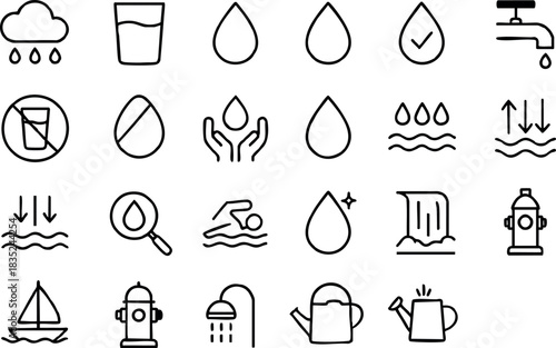 Line icon set close up thin stroke water and plumbing symbols showing faucet, drinking glass, droplet, shower, boat, hydrant, watering can in tidy grid, monochrome black