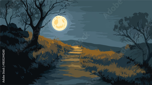 Enchanting Path in Moonlit Night: Vector Illustration with Full Moon in Background