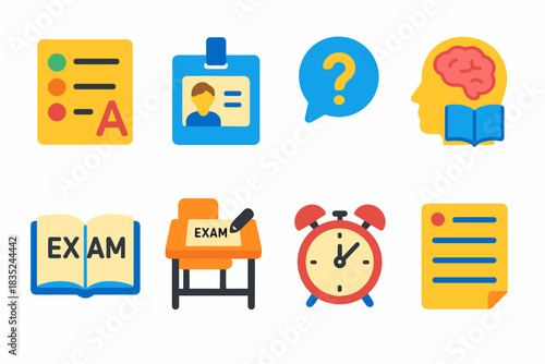 Educational and exam-related colorful icons set