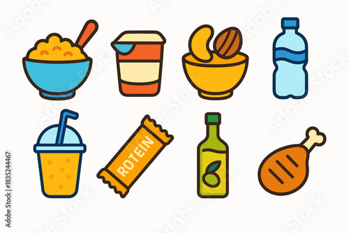 Food and beverage cartoon icons set