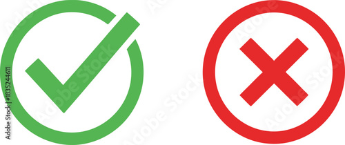 Green Check Mark Circle and Red Cross Mark Circle on White Background Flat Icons