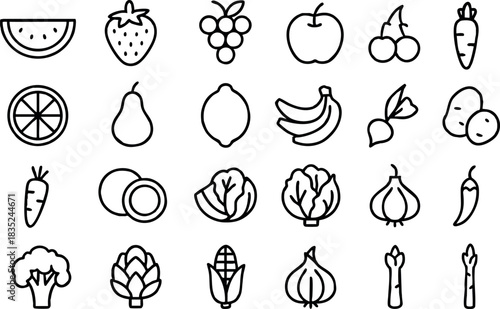 Minimal line art set close up 24 fruit and vegetable outline icons arranged in a 4x6 grid black stroke top down view flat composition kitchen symbols