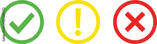 Green Check Mark, Yellow Exclamation Point, Red Cross Mark on White Background