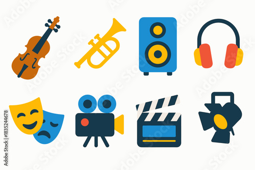 Music, theater, and film flat icons set