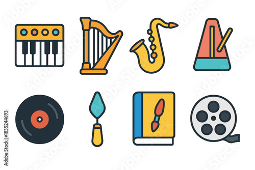 Music and art flat icons set