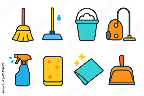Cleaning tools cartoon icons set