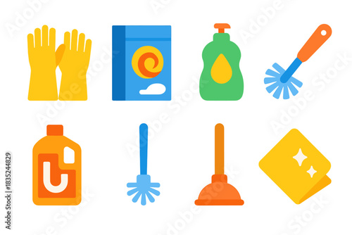 Cleaning supplies flat icons set