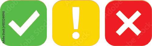 Green Check, Yellow Alert, Red Cross Symbols Set on Transparent Background