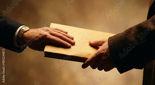 Horizontal close-up shot of an illegal business transaction where one man in a suit hands over a stack of brown envelopes containing sensitive documents or money to another man in a dark coat.