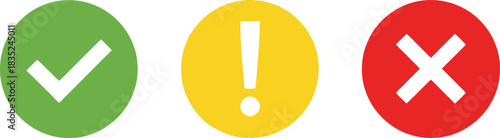 Green Checkmark, Yellow Exclamation, Red X in Circle on White Background