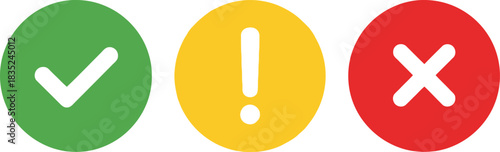 Green Checkmark, Yellow Exclamation, Red X Mark Circle on White Background