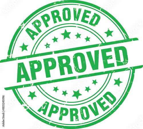 Green Grunge Approved Stamp Icon with Stars and Circular Border Design