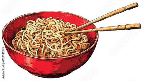 Red Bowl of Noodles with Chopsticks Vector