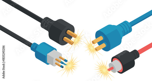 Sparking Electrical Plugs and Damaged Power Cables Vector Illustration
