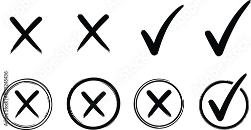 Hand Drawn Check Mark and Cross Symbols with Circle on White Background