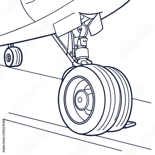 Close up line art illustration of a commercial airplane s main landing gear and nose gear wheels on a runway surface