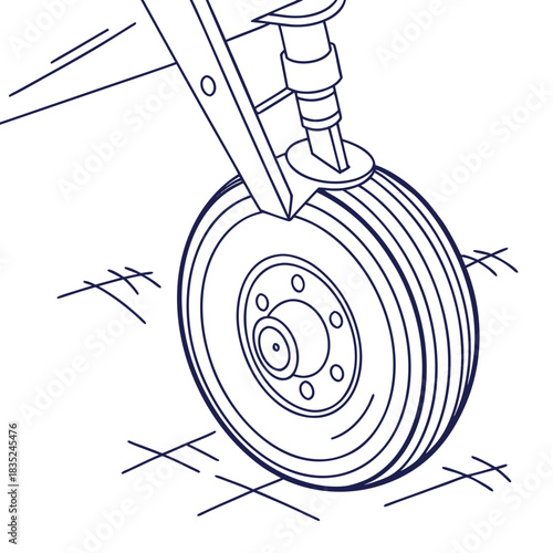 Close up line art illustration of an airplane s front landing gear wheel resting on the tarmac with subtle scratch marks indicating movement or wear