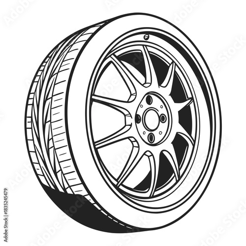 A detailed black and white line art illustration of a single car wheel and tire with a sporty alloy rim and deep tread pattern