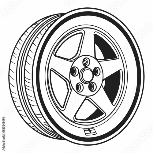 A stylized black and white illustration of a car wheel and tire featuring a five spoke alloy rim and detailed tread pattern isolated on a white background