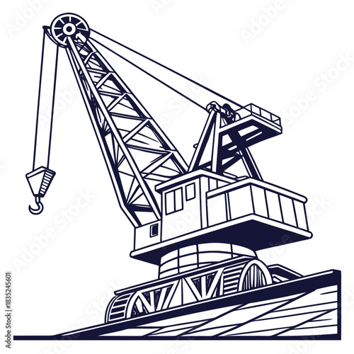 A stylized graphic illustration of a large industrial port crane with a hook and cable rendered in a simple bold navy blue outline against a white background