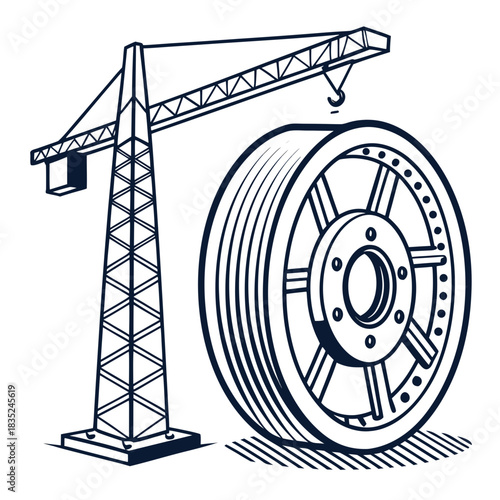 A large industrial crane is positioned next to a massive tire symbolizing heavy machinery construction and the automotive industry