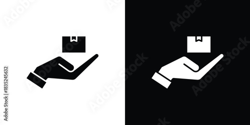 Hand holding box icons pictogram. Vector isolated shape in modern doodle style.