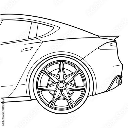 Detailed line art illustration of the rear quarter panel and wheel of a modern electric sedan showcasing its sleek design and aerodynamic features