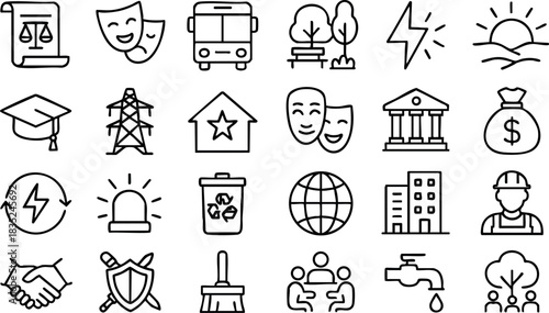 Line icon set twenty five grid showing municipal symbols depicting courthouse, theater masks, public bus, park trees, power bolt and money bag in thin black stroke