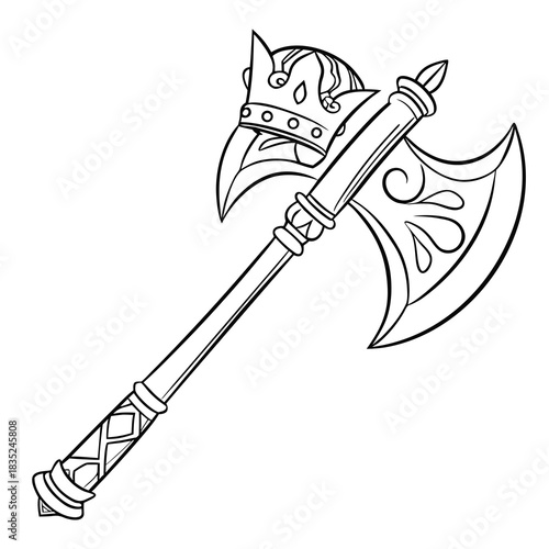 A detailed black and white line art illustration of a royal battle axe adorned with a crown symbolizing power and authority perfect for fantasy or historical themes