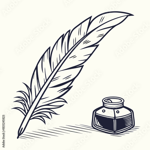 A classic quill pen and inkwell illustration in a vintage style representing writing literature history and creativity with a simple elegant design