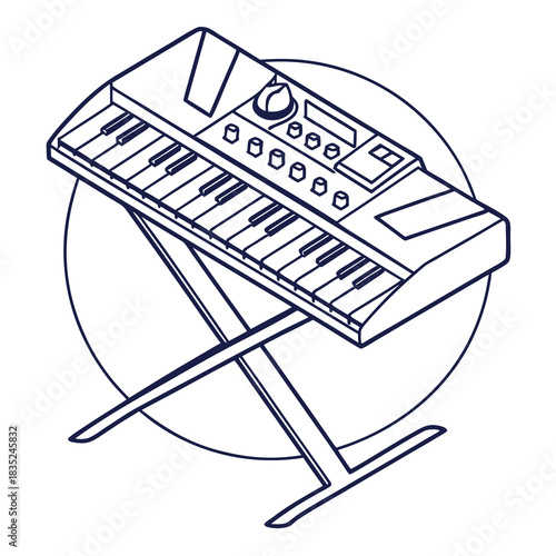 A simple line art illustration of a modern electronic keyboard instrument resting on a sturdy x shaped stand enclosed within a circular outline perfect for music education and creative projects