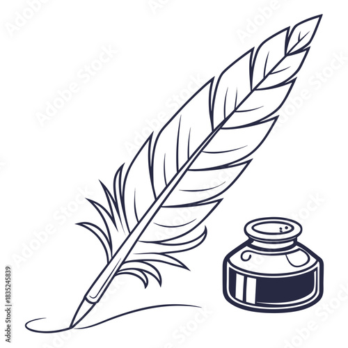 A classic quill pen poised to write with an inkwell nearby symbolizing the art of writing and historical communication