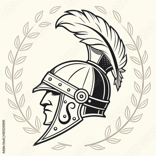 A detailed black and white illustration of a roman soldier s helmet with a plume framed by a laurel wreath symbolizing victory and honor