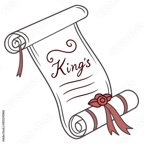 A vintage hand drawn illustration of a royal decree or scroll tied with a ribbon and featuring the word king s in elegant calligraphy