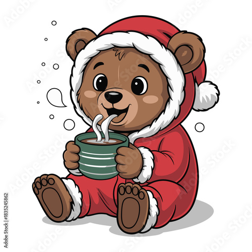 Adorable cartoon bear cub wearing a red snowsuit and santa hat drinking hot chocolate.