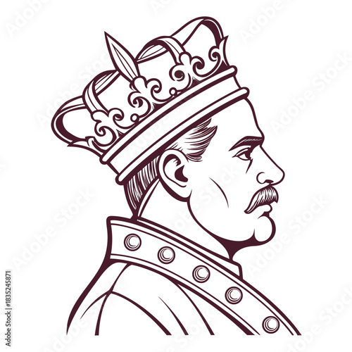 A regal king in profile adorned with an ornate crown and a richly decorated collar depicted in a classic line art style