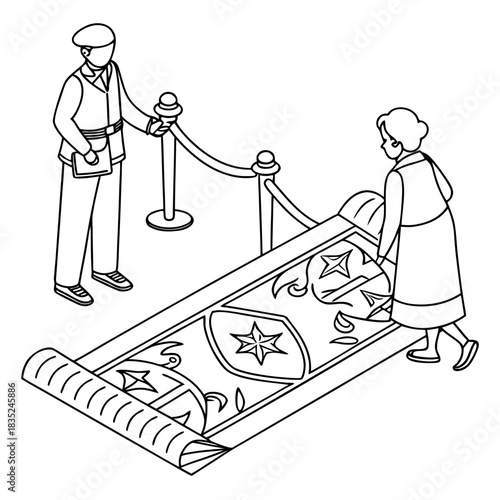 Museum guard watches as a woman examines a rolled up ancient carpet with intricate star and shield designs displayed behind velvet ropes